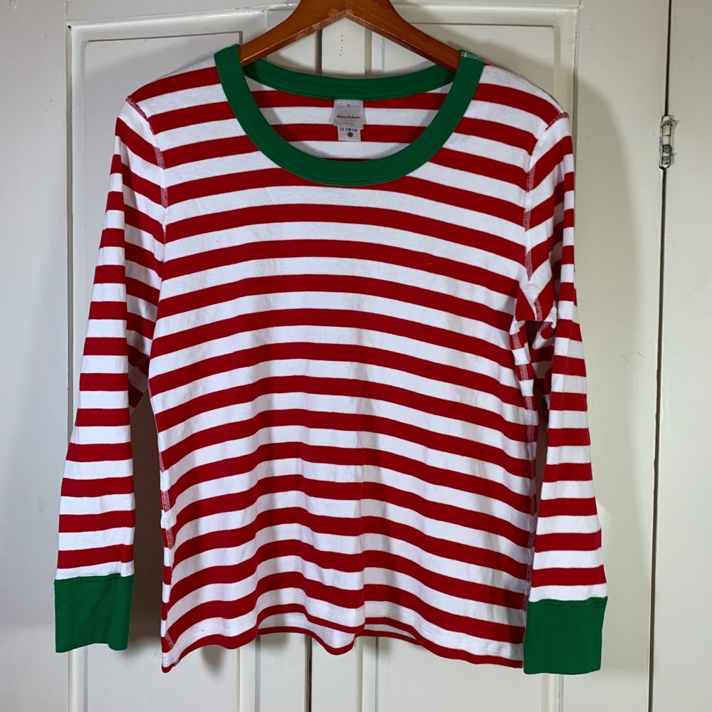 Hanna Andersson XL Red White Green Striped Long Sleeve Holiday Pajama Top ONLY